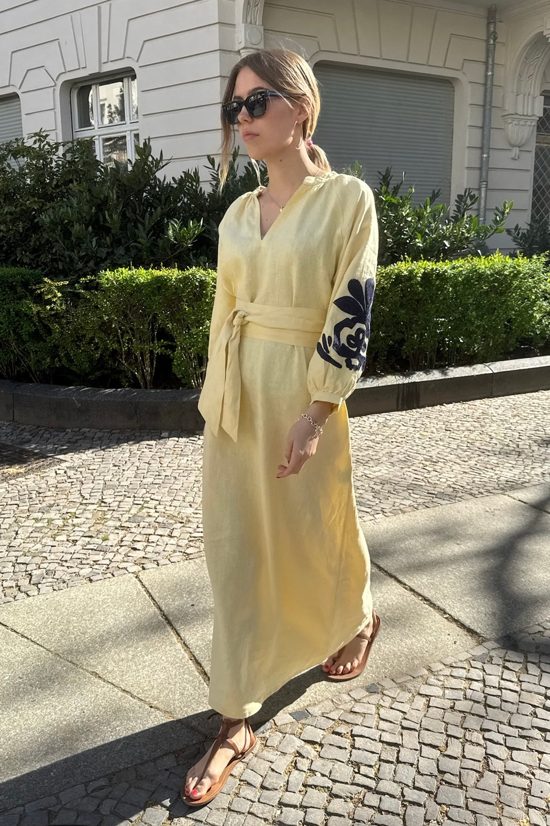 linen butter yellow dress Linen Blend Button Dress In Lemon Water